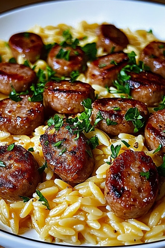 Creamy orzo pasta with golden-brown sausage slices and fresh parsley in a skillet.