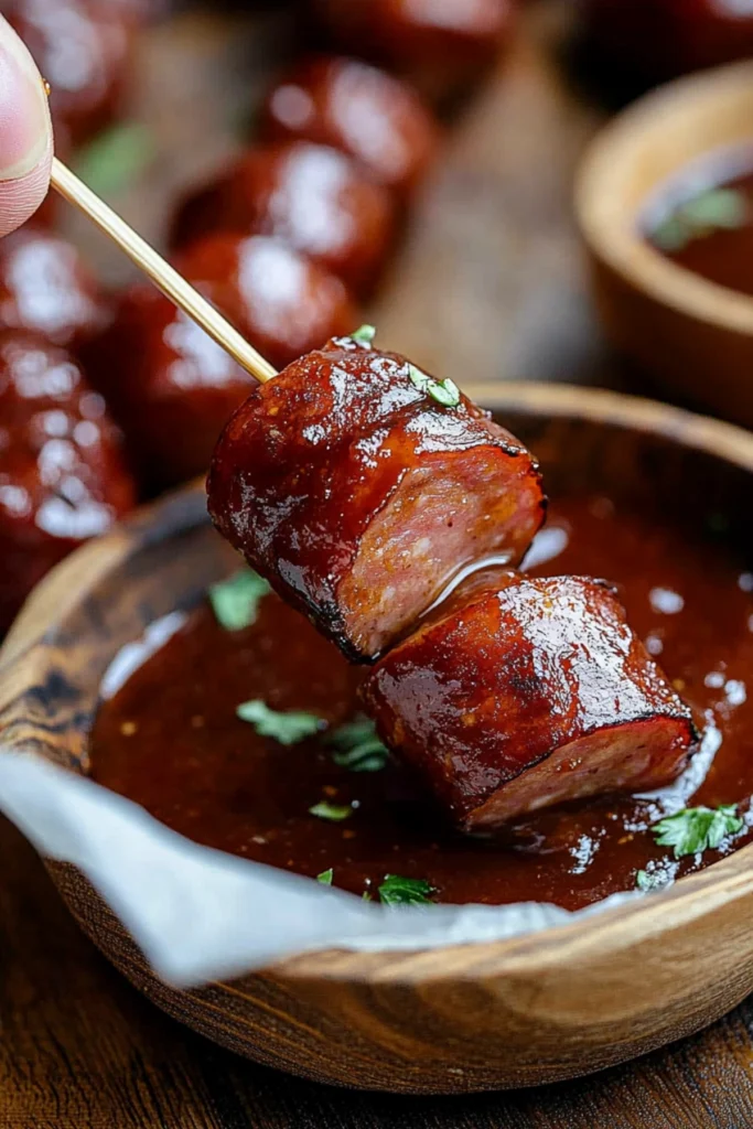 Caramelized smoked sausage slices with BBQ glaze and dipping sauce on a rustic wooden table.