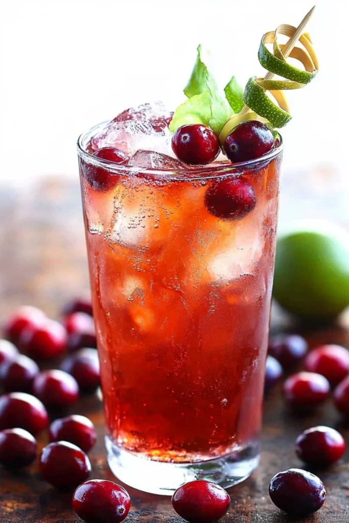 Tall iced cranberry cocktail with lime peel and cranberry garnish.