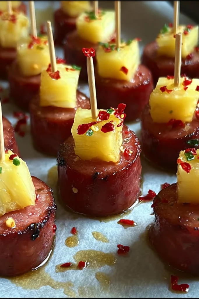 Juicy sausage and pineapple bites on a white plate with a yellow background, topped with chili flakes.