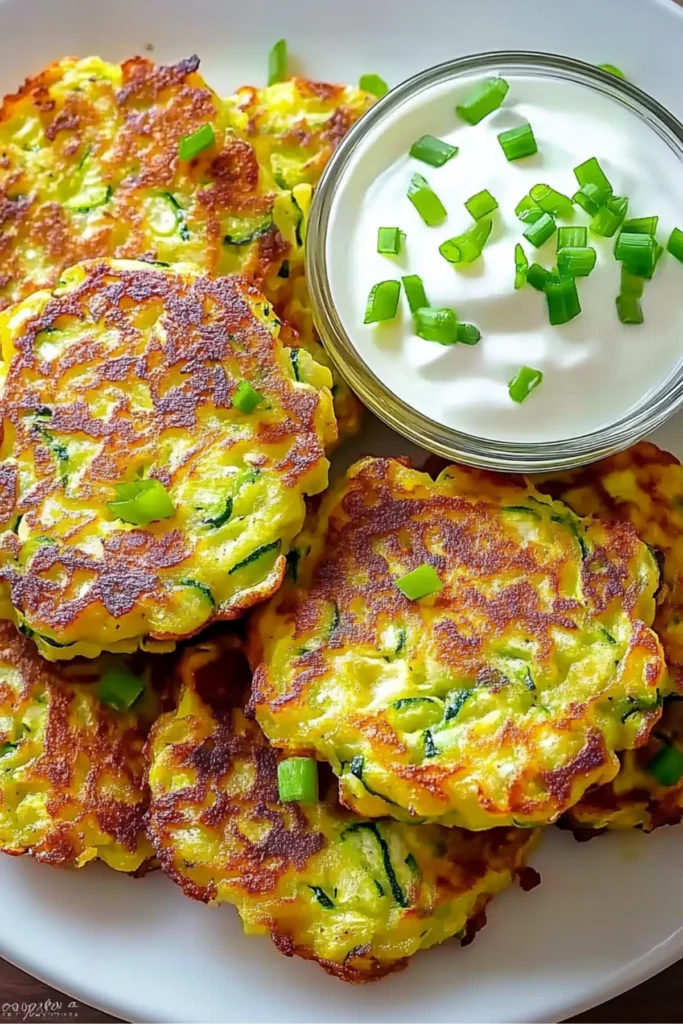 Plate of crispy zucchini fritters with sour cream dip and green onions