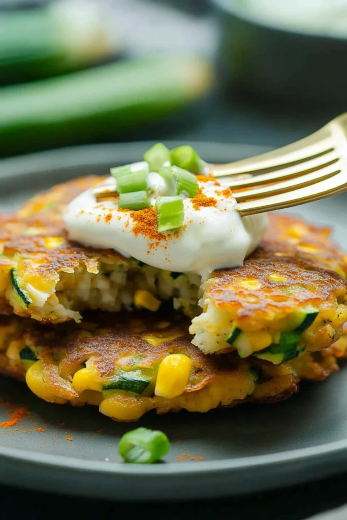 Close-up of zucchini and corn fritter topped with sour cream and green onions being cut with a golden fork.