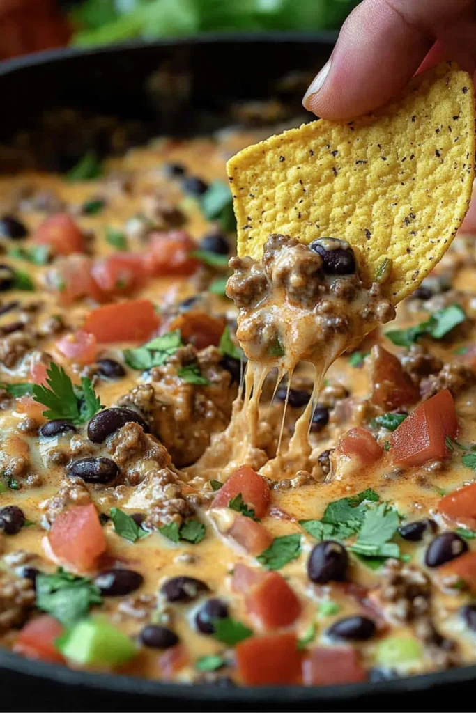 Hand dipping tortilla chip into cheesy queso dip with beef, beans, and tomatoes.