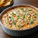 Baked cowboy crack dip with melted cheese, corn, sausage, and green onions served in a white ceramic dish with tortilla chips in the background