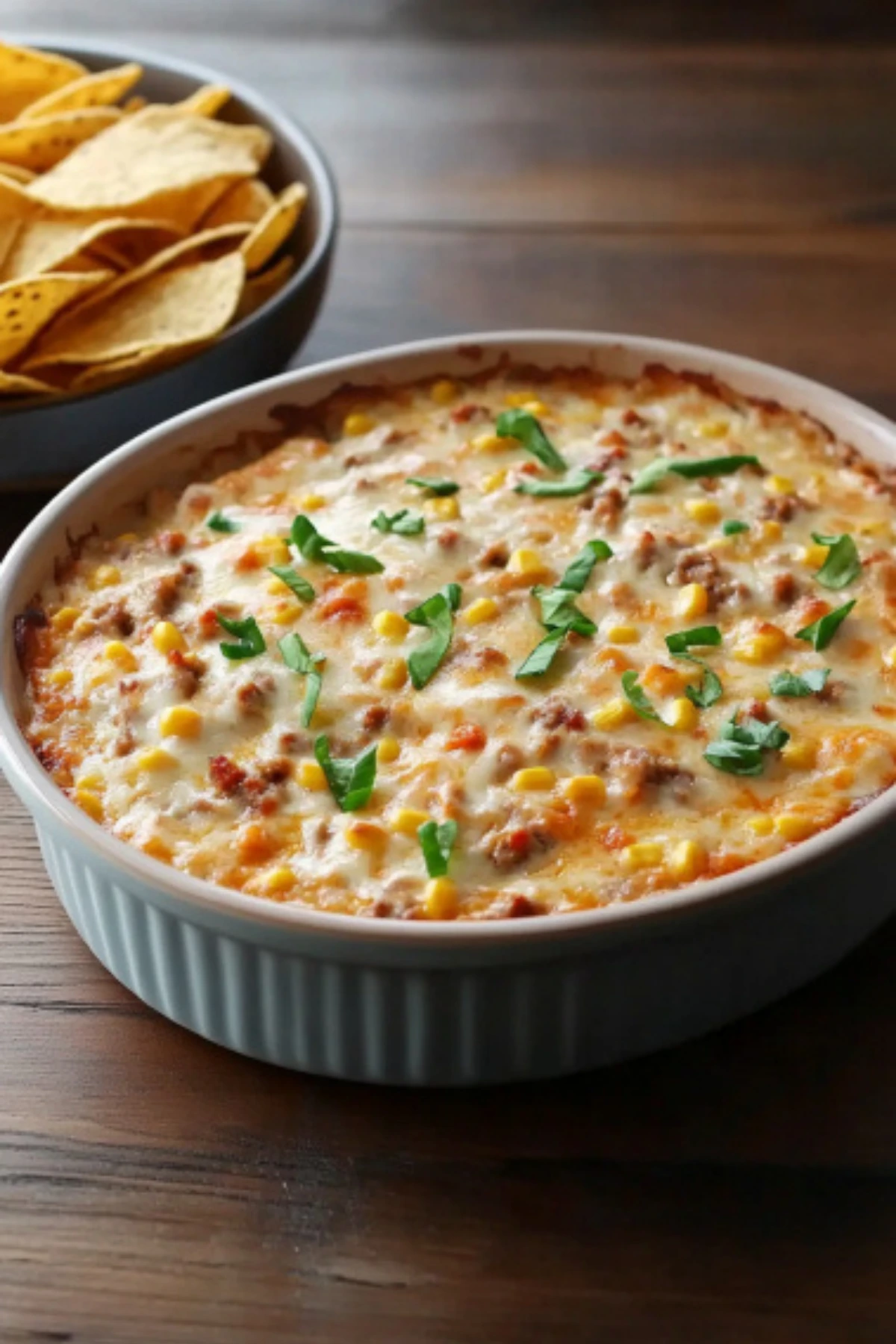 Baked cowboy crack dip with melted cheese, corn, sausage, and green onions served in a white ceramic dish with tortilla chips in the background
