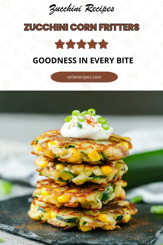 Stack of zucchini corn fritters topped with sour cream, green onions, and paprika on a slate board.