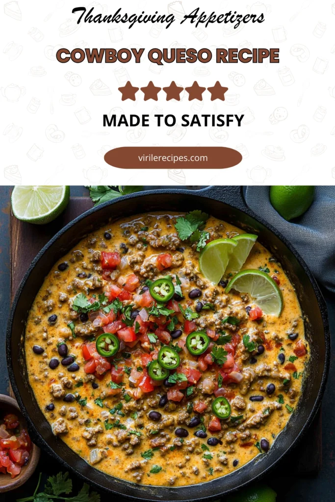 Cowboy queso dip in a cast iron skillet topped with tomatoes, jalapeños, and cilantro, served with lime wedges.