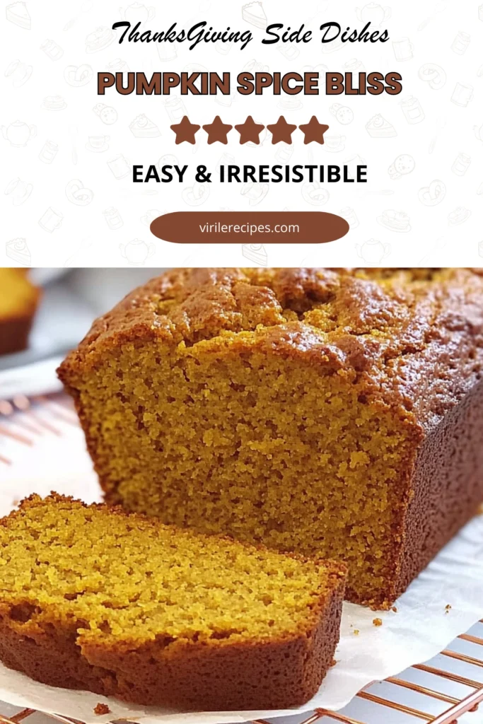 Moist pumpkin spice bread loaf with a golden crust, sliced and cooling on a rack.