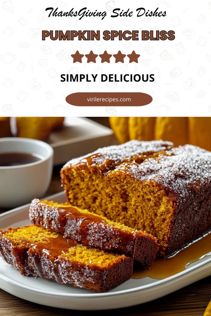 Thanksgiving pumpkin spice bread with sugar topping and maple syrup served on a white plate.