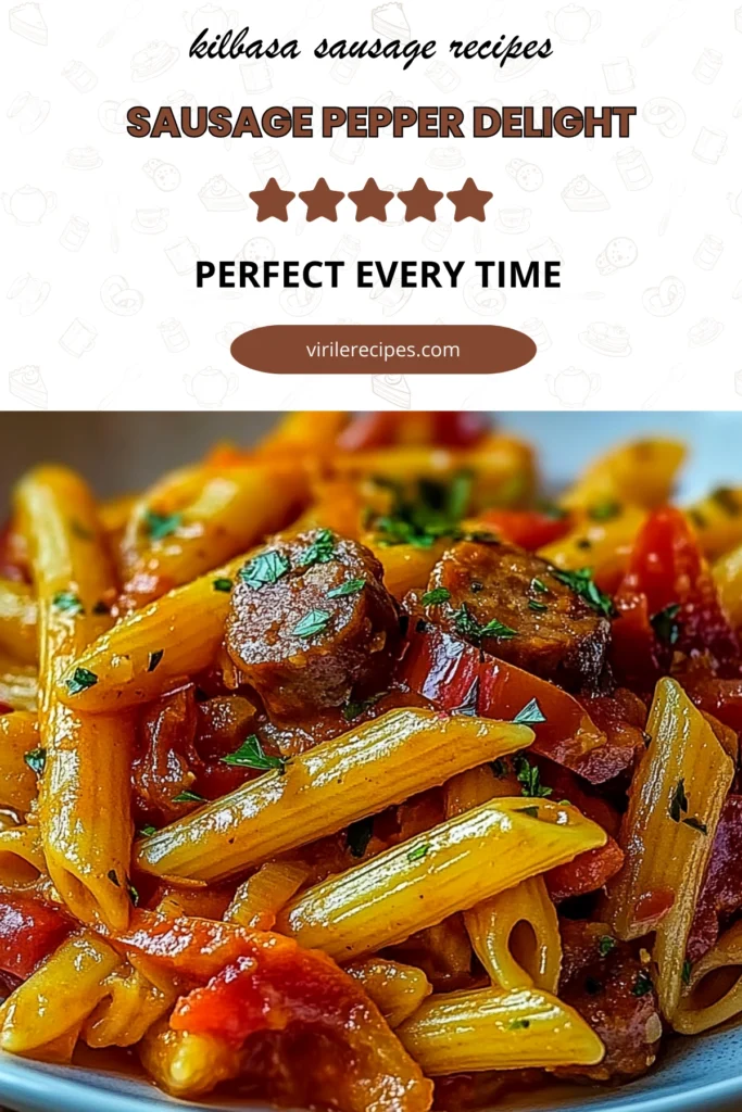 Penne pasta with sausage, peppers, onions, and tomato sauce topped with parsley.
