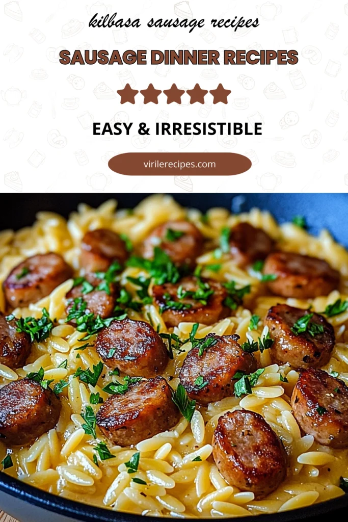 Kielbasa sausage dinner recipe with creamy orzo pasta and parsley, styled as a recipe pin.