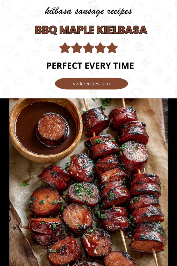 BBQ maple kielbasa skewers glazed with smoky sauce and served with dipping sauce.