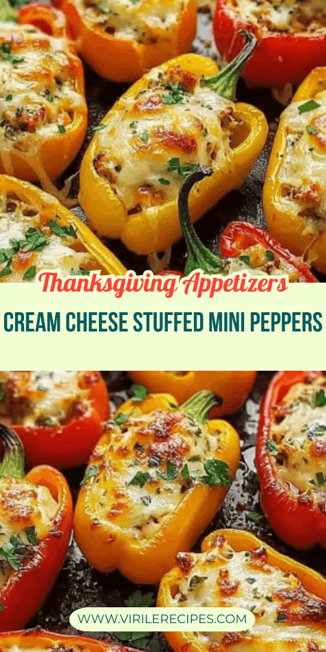 Two-frame collage of cream cheese stuffed mini peppers baked until golden, served for Thanksgiving celebrations.