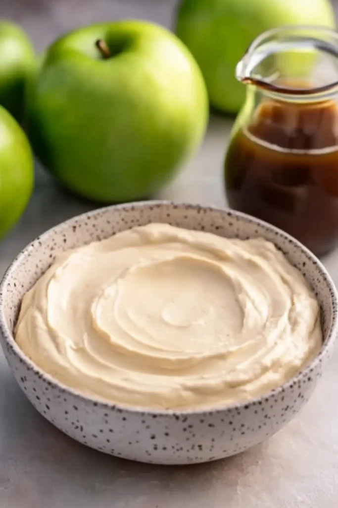 Creamy caramel apple dip in a speckled bowl, surrounded by green apples and caramel syrup.