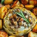 Whole roasted cabbage topped with creamy mushroom sauce, surrounded by golden baby potatoes and garnished with rosemary.