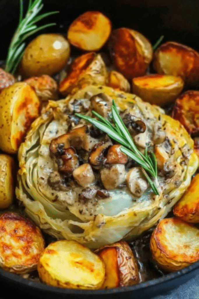 Whole roasted cabbage topped with creamy mushroom sauce, surrounded by golden baby potatoes and garnished with rosemary.