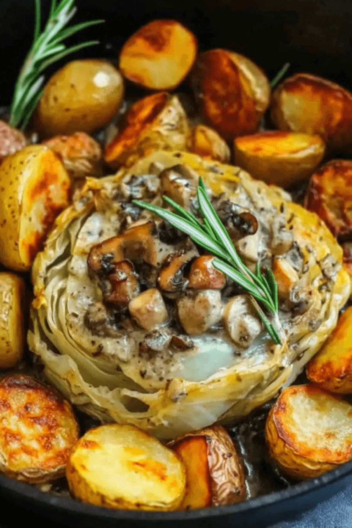 Whole roasted cabbage topped with creamy mushroom sauce, surrounded by golden baby potatoes and garnished with rosemary.