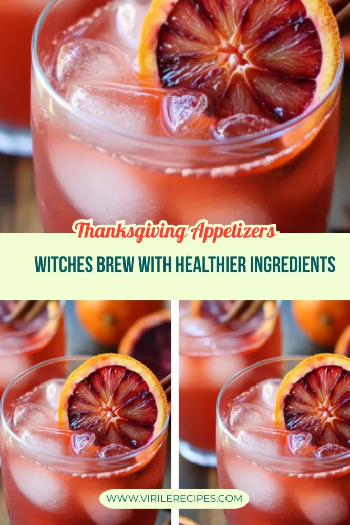 Four glasses of healthy witches brew for kids, garnished with blood orange and cinnamon sticks