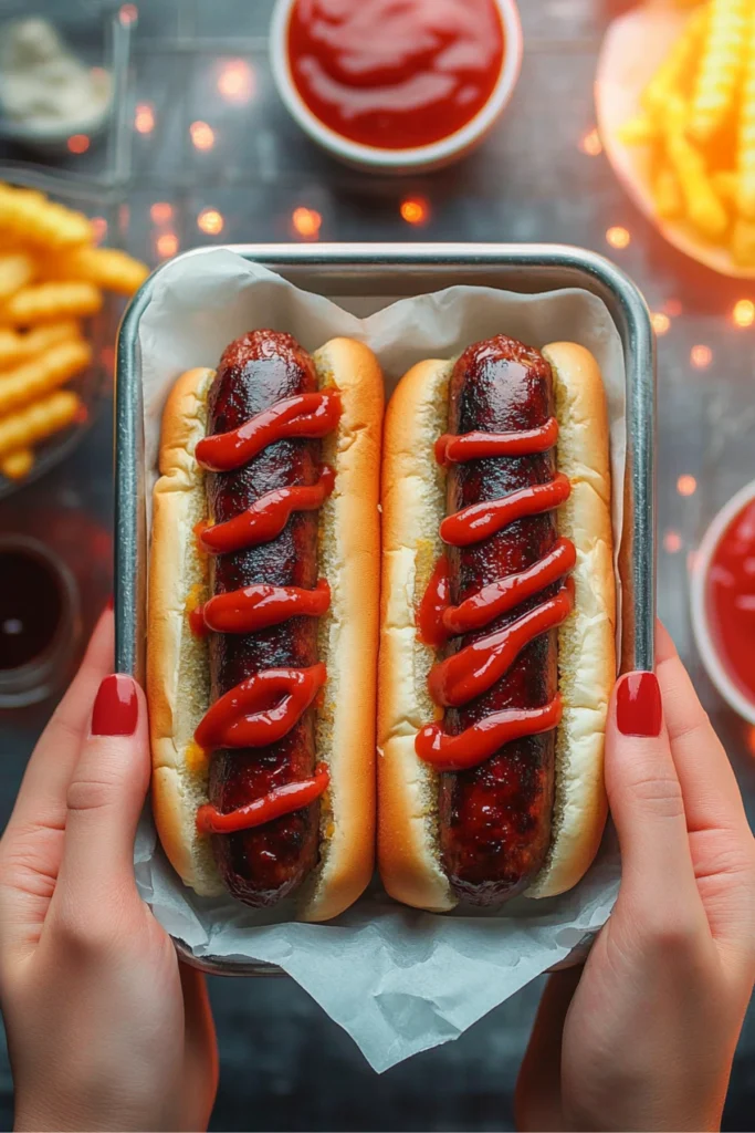 Grilled hot dogs with condiments in soft buns, served with potato chips on parchment paper.