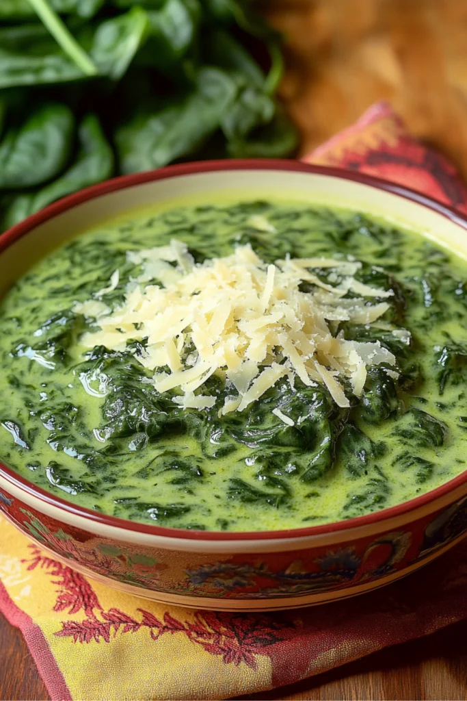 A close-up of creamy spinach topped with shredded Parmesan cheese in a decorative bowl, with a rich green color and a smooth texture.