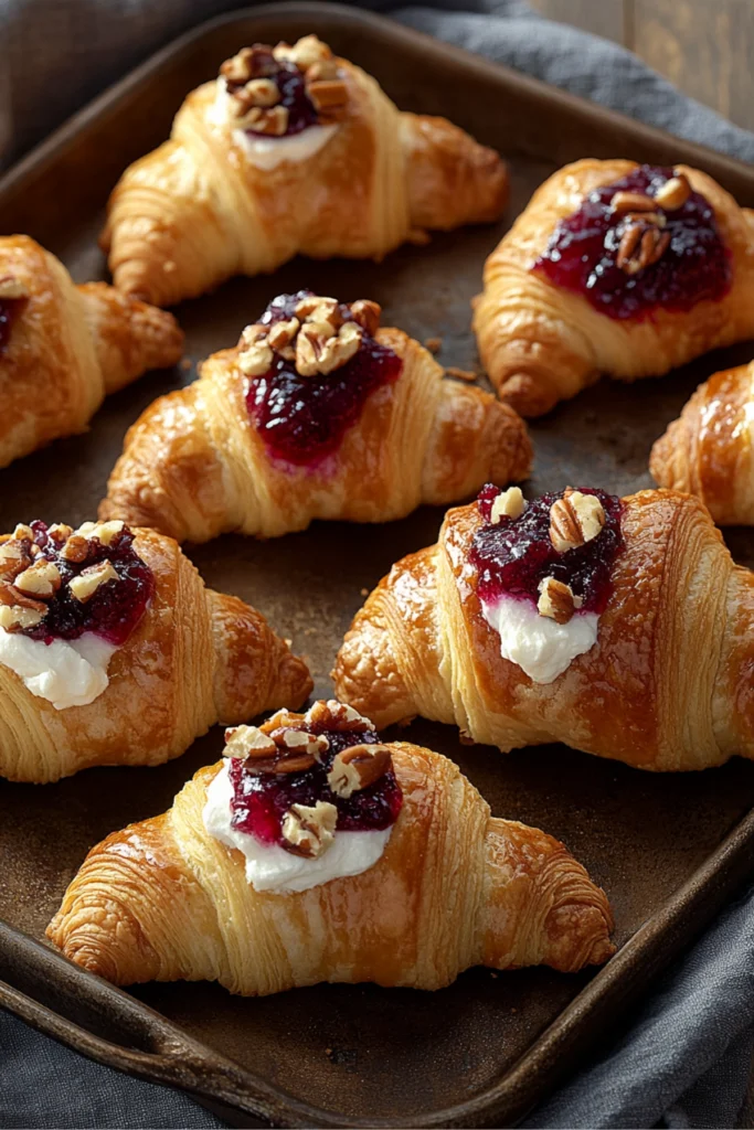Freshly baked croissants with cream cheese, cranberry jam, and crushed pecans on a rustic baking tray.