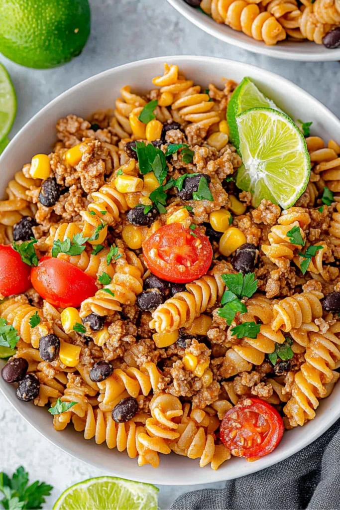 A close-up shot of rotini pasta with ground beef, black beans, sweet corn, cherry tomatoes, and bell peppers, garnished with fresh parsley and lime wedges.