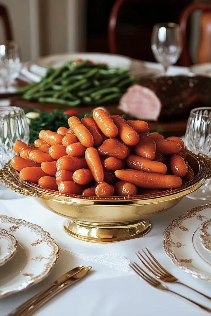 A festive dinner table set with a golden bowl of glazed baby carrots, fine china plates, crystal glassware, and a roast in the background, perfect for a holiday meal.