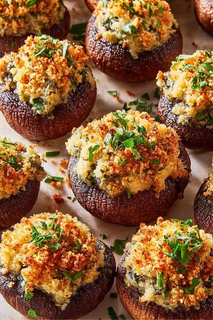 A close-up of baked stuffed mushrooms with golden brown breadcrumb topping, chopped green herbs, and a savory filling, perfectly arranged on a white background.