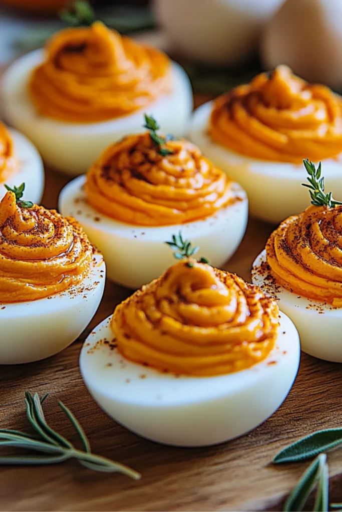 A close-up of deviled eggs with orange filling shaped like pumpkins, garnished with thyme and sage leaves, on a rustic wooden board with a soft blurred background.