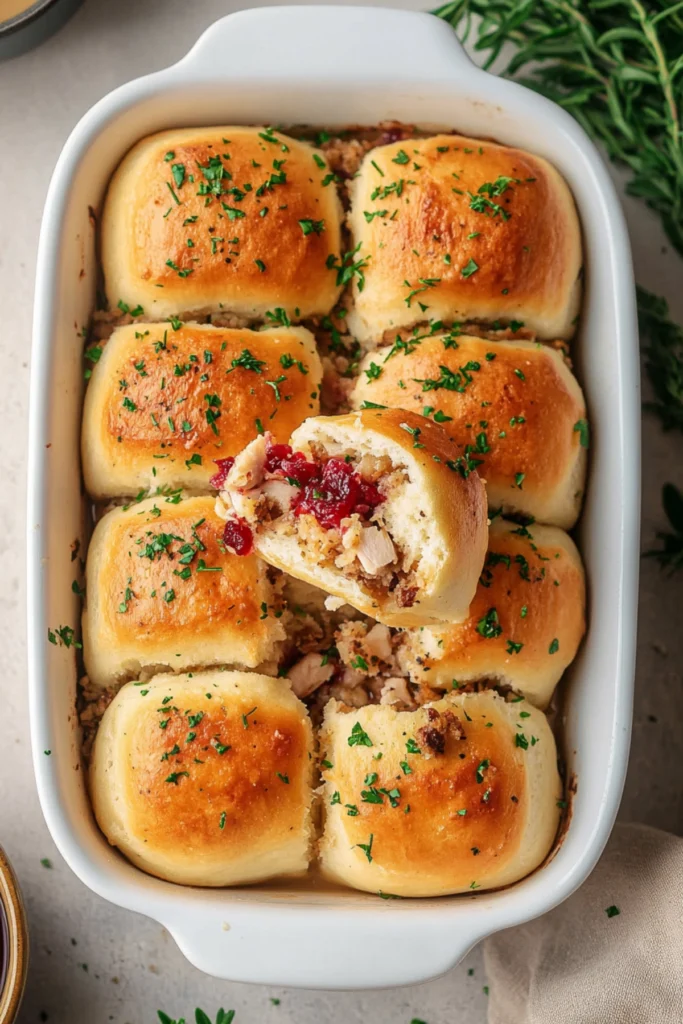 Top-down view of a casserole dish filled with golden brown dinner rolls, with one partially pulled apart to reveal turkey, stuffing, and cranberry sauce, garnished with parsley, and accompanied by a bowl of gravy.