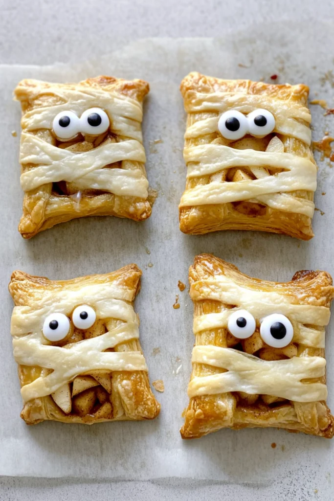Halloween mummy puff pastries with cinnamon apples, icing, and candy eyes arranged on a baking tray.