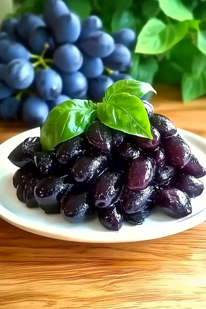 Close-up of dark purple grapes on a white plate with fresh basil leaves, with a blurred bunch of grapes and green background