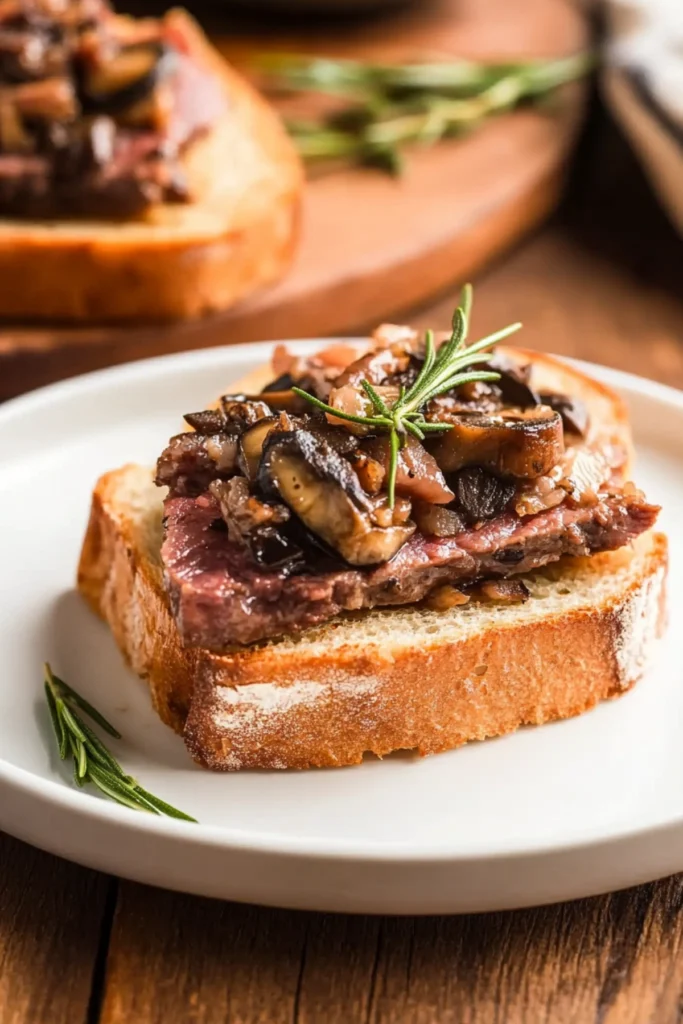 Open-faced sandwich with tender roast beef, sautéed mushrooms, and rosemary on toasted bread, served on a white plate.