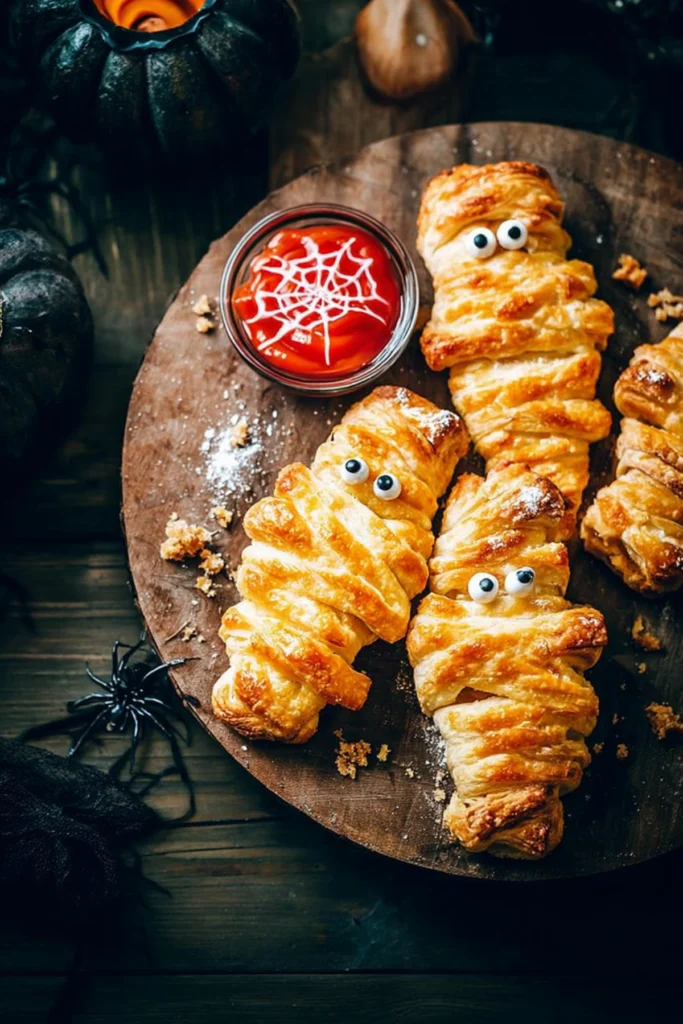 Close-up of Halloween mummy pastries with candy eyes on a rustic wooden board, with a side of spiderweb ketchup and sour cream design.