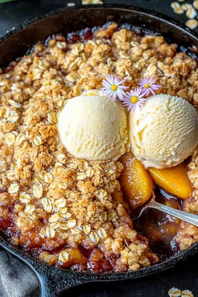 Close-up of a peach crisp dessert with vanilla ice cream served in a cast iron skillet, surrounded by oats.
