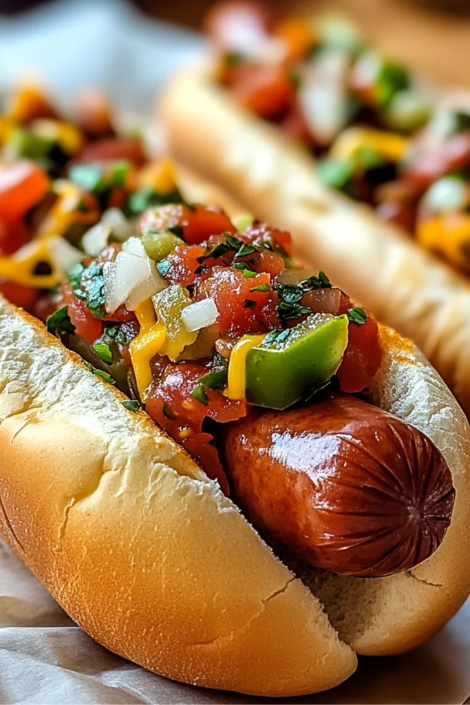 Gourmet grilled hot dogs with bacon, melted cheese, pickles, and sautéed onions in soft toasted buns.