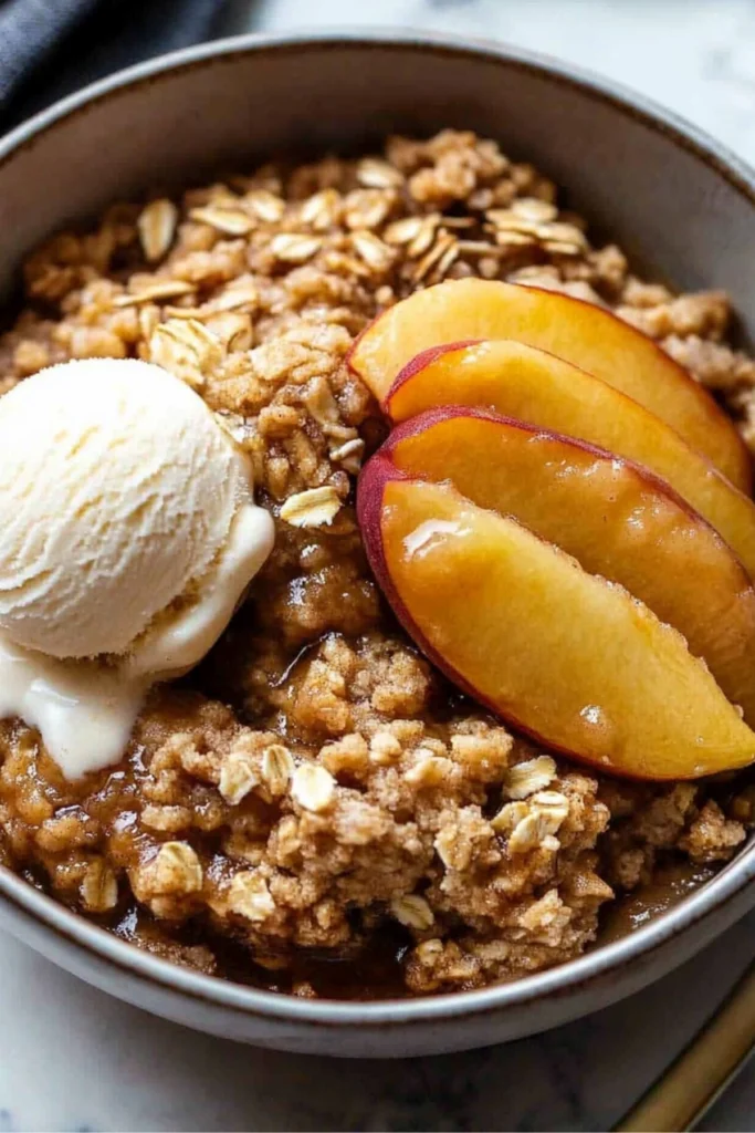 Warm peach crisp dessert topped with three scoops of vanilla ice cream, showcasing a golden oat crumble and juicy peach filling.