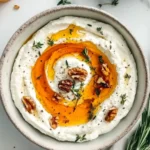 Top view of creamy ricotta dip drizzled with golden hot honey, garnished with walnuts and rosemary