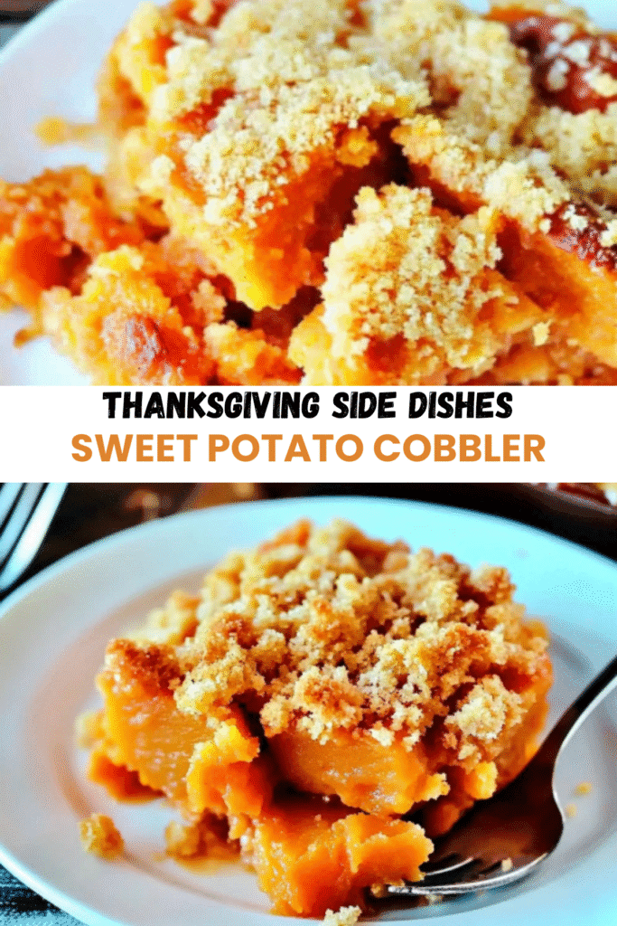 Sweet potato cobbler served on a plate, text overlay for Thanksgiving side dishes