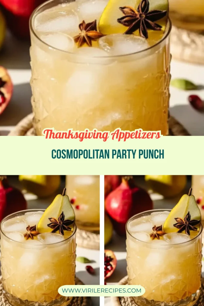 Three styled shots of a fall Cosmopolitan Party Punch garnished with pear and star anise, featuring