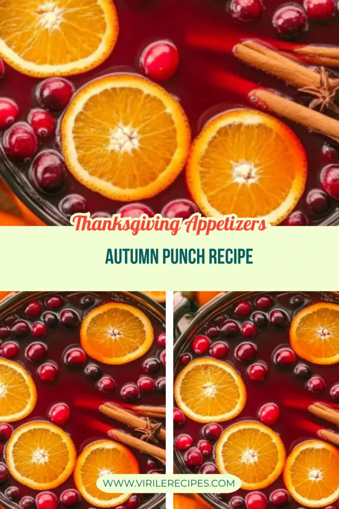 Festive autumn punch with sliced oranges, cranberries, and cinnamon sticks in a glass bowl with Thanksgiving-themed text overlay