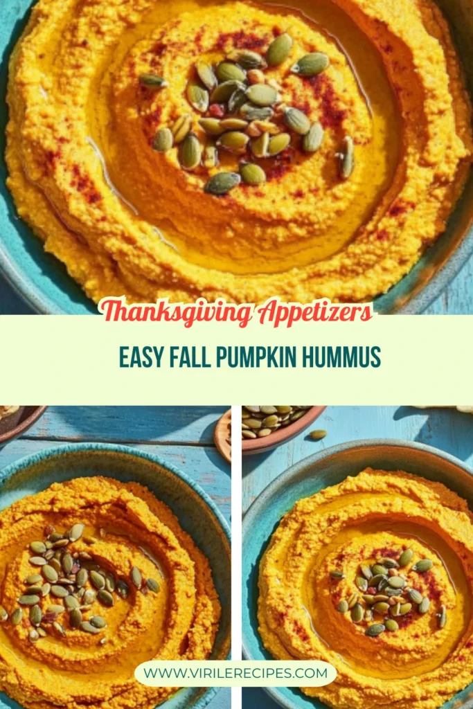 Easy fall pumpkin hummus served in a teal bowl with toasted pita and pumpkin seeds