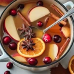 Hot apple cider Thanksgiving punch with orange slices, cranberries, star anise, and cinnamon in a white pot