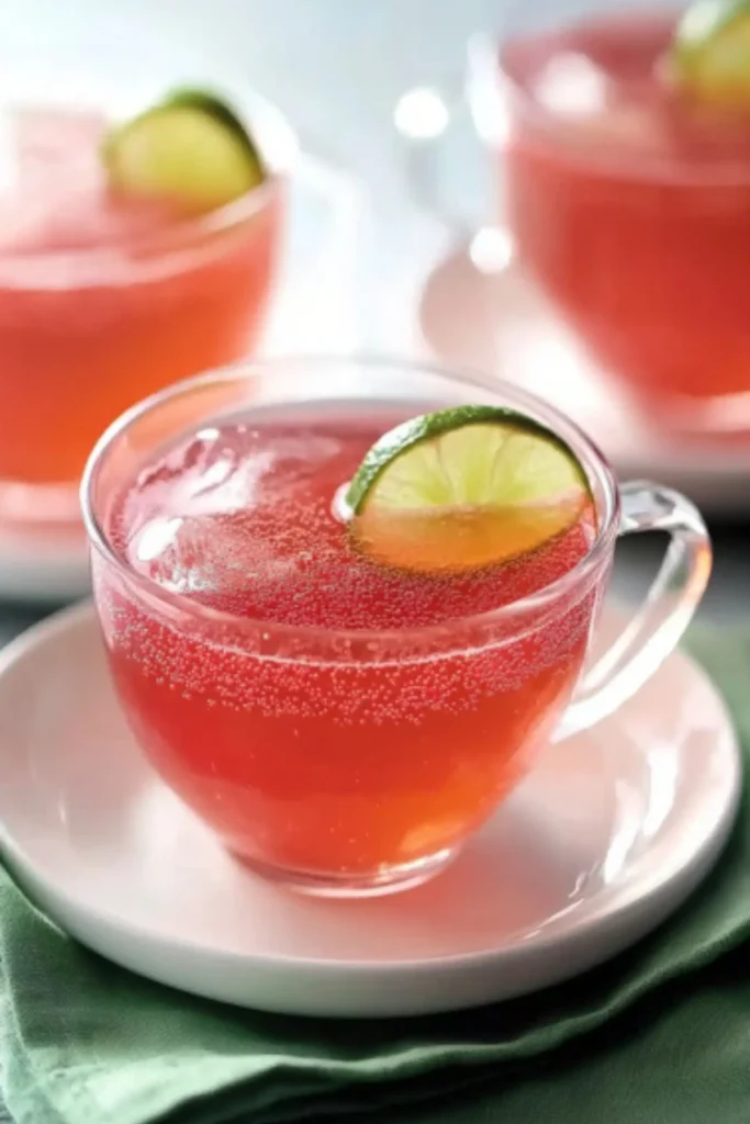 Close-up of Cosmopolitan Party Punch in a clear glass teacup with lime slice garnish