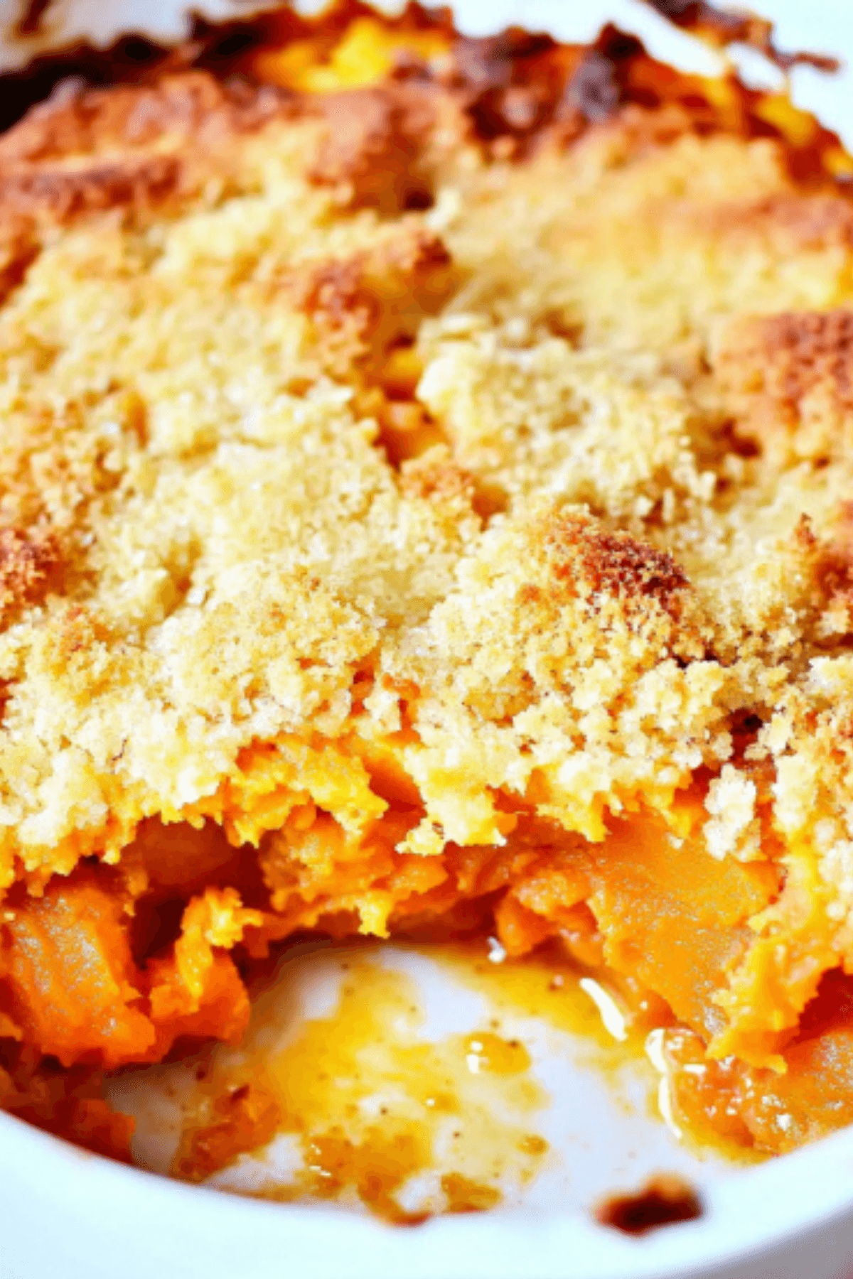 Baked sweet potato cobbler in a white dish with golden topping and soft sweet potatoes