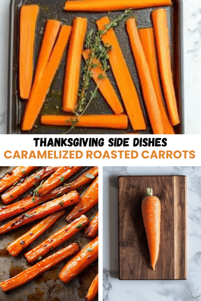 Step-by-step collage showing raw carrots, thyme, and caramelized roasted carrots.