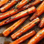 Honey balsamic roasted carrots caramelized with glaze and fresh herbs.