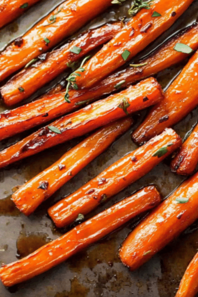 Honey balsamic roasted carrots caramelized with glaze and fresh herbs.