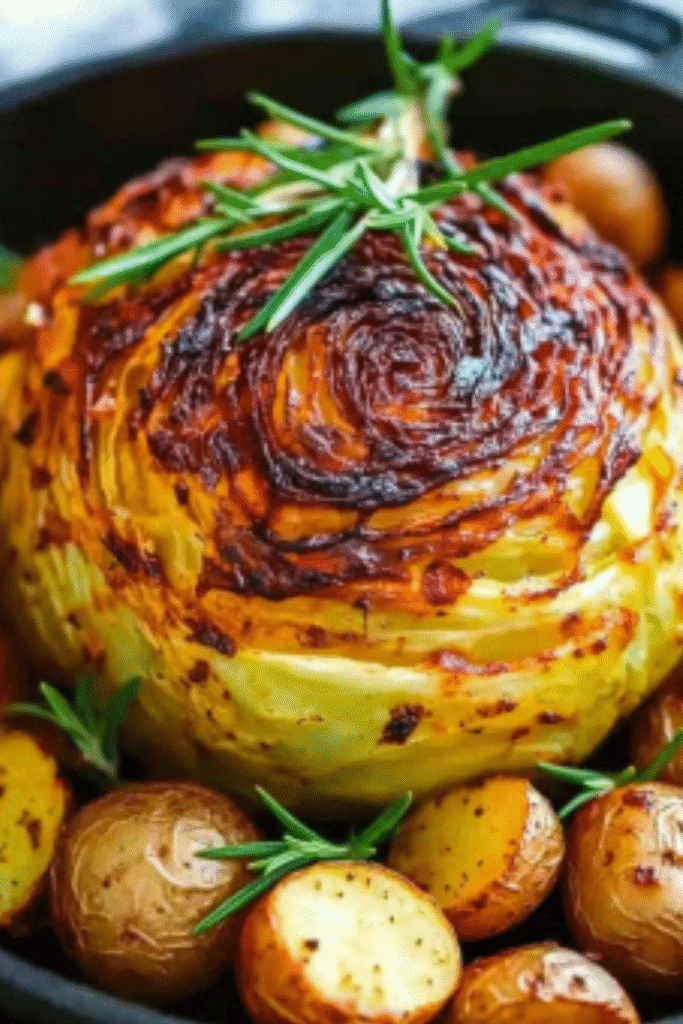 Whole roasted cabbage with a beautifully caramelized, crispy top, served with roasted baby potatoes and rosemary garnish.