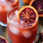 Refreshing blood orange witches brew for kids with ice cubes and cinnamon stick in a clear glass